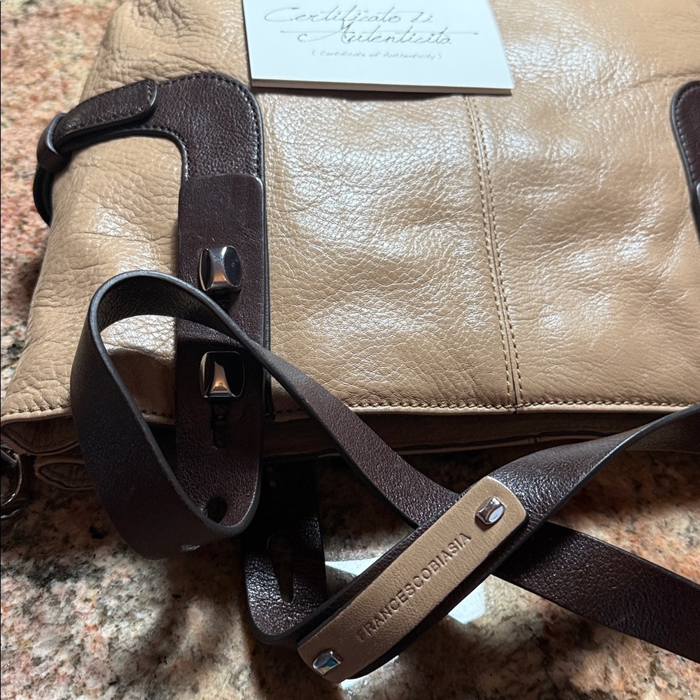 Francesco Biasia Beige Leather Shoulder Bag with Dark Brown Straps - Picture 15 of 16
